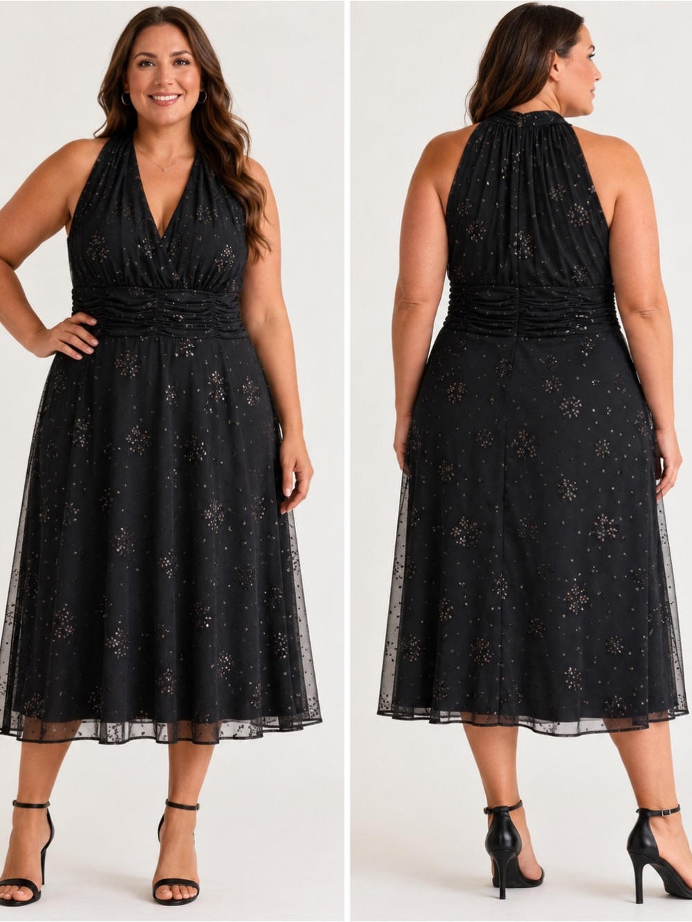 Evan Picone Size 16 Black Metallic Floral Ruched Cocktail Evening Dress